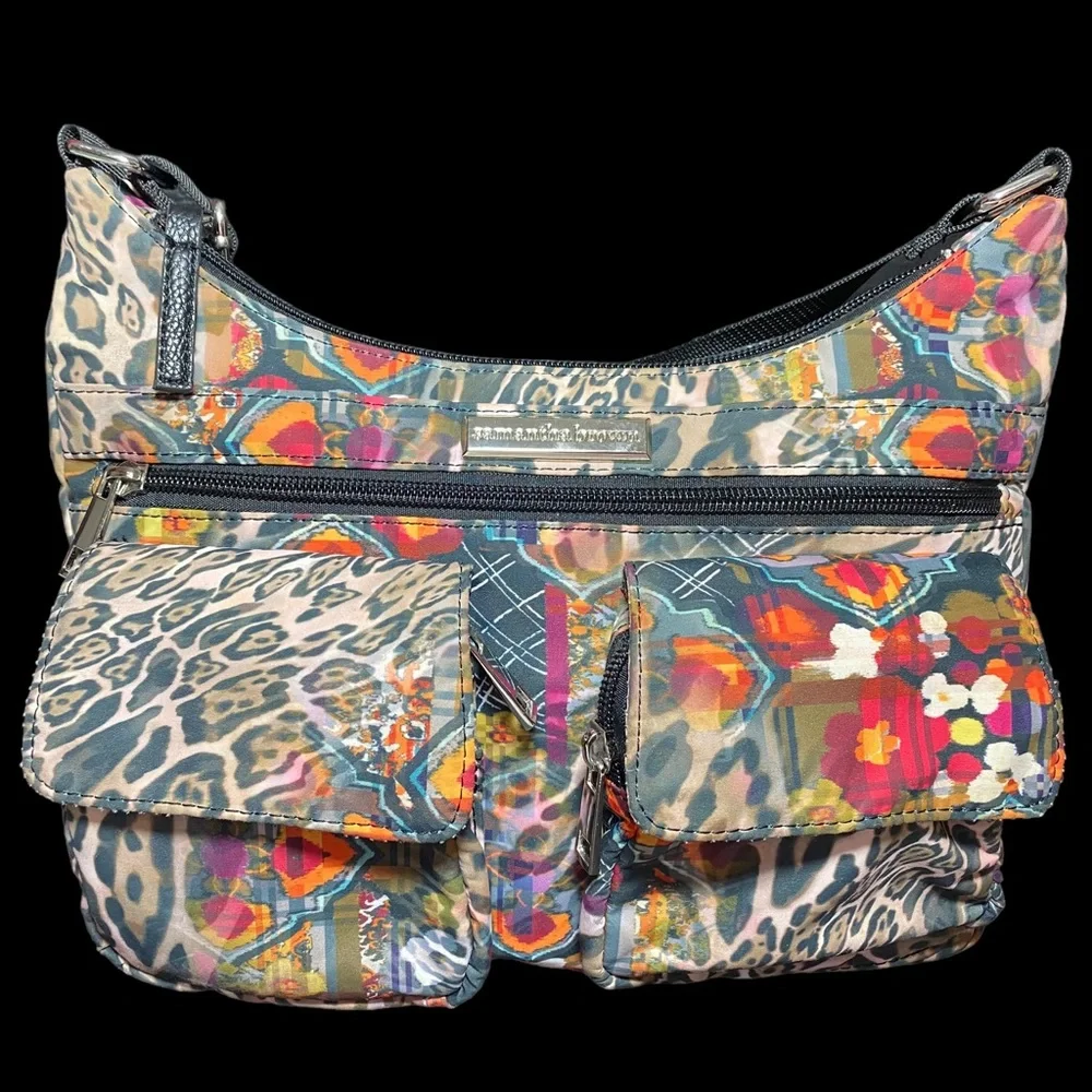 Samantha Brown To-Go Double Pocket Hobo Tropical Tribal Leopard Crossbody
